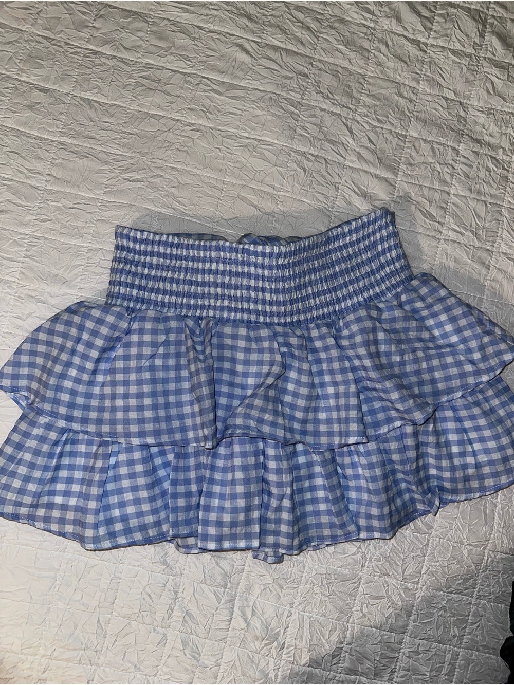 Blue Gingham Smocked Tiered Mini Skirt - Women's